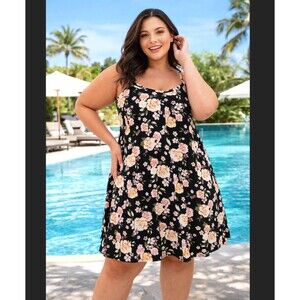 Torrid Plus Size 2x 18 20 Black Floral Challis Trapeze Dress Sleeveless Pockets